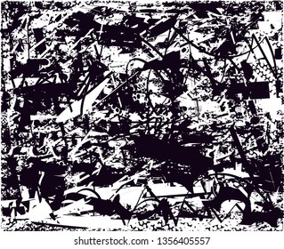 Distressed background in black and white texture with dots, spots, scratches and lines. Abstract vector illustration