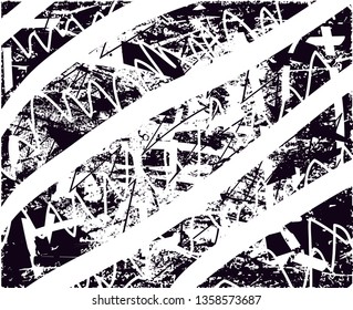 Distressed background in black and white texture with dots, spots, scratches and lines. Abstract vector illustration