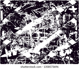 Distressed background in black and white texture with dots, spots, scratches and lines. Abstract vector illustration