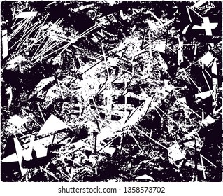 Distressed background in black and white texture with dots, spots, scratches and lines. Abstract vector illustration