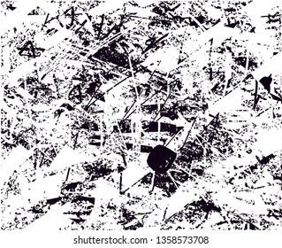 Distressed background in black and white texture with dots, spots, scratches and lines. Abstract vector illustration