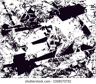 Distressed background in black and white texture with dots, spots, scratches and lines. Abstract vector illustration