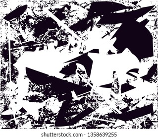 Distressed background in black and white texture with dots, spots, scratches and lines. Abstract vector illustration