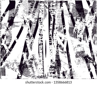 Distressed background in black and white texture with dots, spots, scratches and lines. Abstract vector illustration
