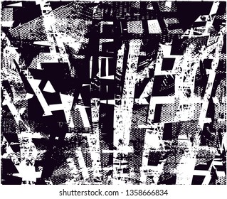 Distressed background in black and white texture with dots, spots, scratches and lines. Abstract vector illustration