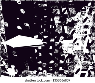 Distressed background in black and white texture with dots, spots, scratches and lines. Abstract vector illustration