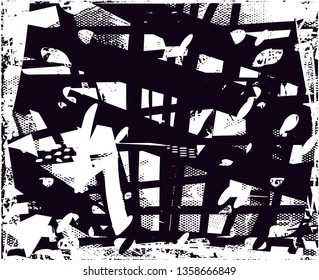 Distressed background in black and white texture with dots, spots, scratches and lines. Abstract vector illustration
