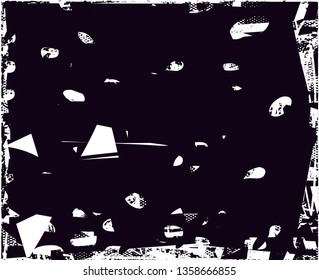 Distressed background in black and white texture with dots, spots, scratches and lines. Abstract vector illustration