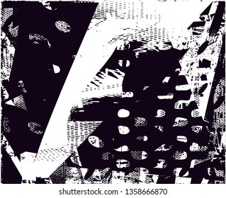 Distressed background in black and white texture with dots, spots, scratches and lines. Abstract vector illustration
