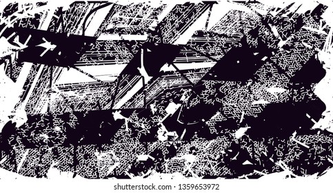 Distressed background in black and white texture with dots, spots, scratches and lines. Abstract vector illustration
