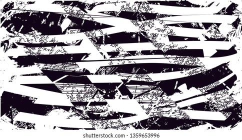 Distressed background in black and white texture with dots, spots, scratches and lines. Abstract vector illustration