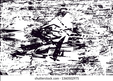 Distressed background in black and white texture with dots, spots, scratches and lines. Abstract vector illustration