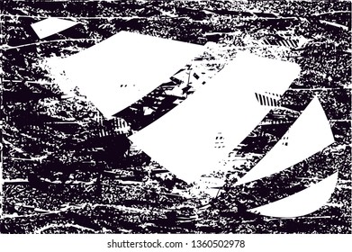 Distressed background in black and white texture with dots, spots, scratches and lines. Abstract vector illustration