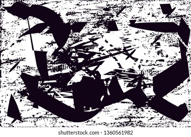 Distressed background in black and white texture with dots, spots, scratches and lines. Abstract vector illustration