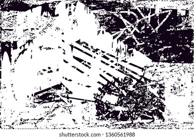 Distressed background in black and white texture with dots, spots, scratches and lines. Abstract vector illustration