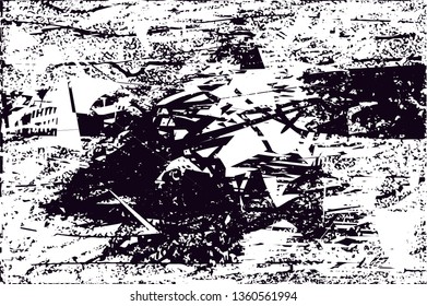 Distressed background in black and white texture with dots, spots, scratches and lines. Abstract vector illustration