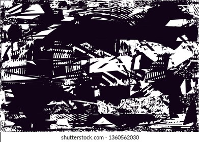 Distressed background in black and white texture with dots, spots, scratches and lines. Abstract vector illustration