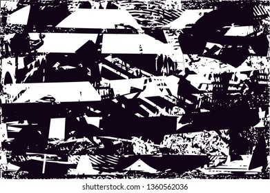 Distressed background in black and white texture with dots, spots, scratches and lines. Abstract vector illustration