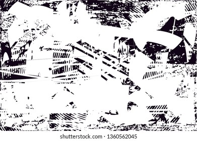 Distressed background in black and white texture with dots, spots, scratches and lines. Abstract vector illustration