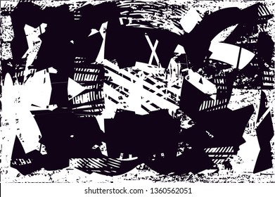 Distressed background in black and white texture with dots, spots, scratches and lines. Abstract vector illustration