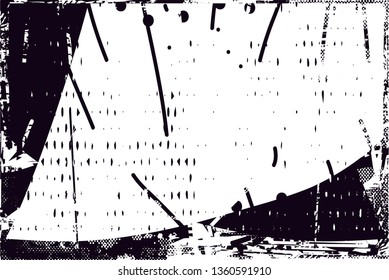 Distressed background in black and white texture with dots, spots, scratches and lines. Abstract vector illustration