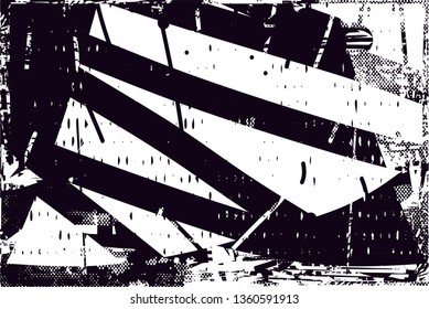 Distressed background in black and white texture with dots, spots, scratches and lines. Abstract vector illustration
