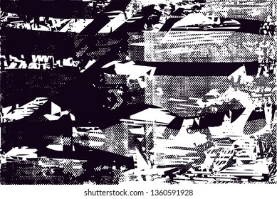 Distressed background in black and white texture with dots, spots, scratches and lines. Abstract vector illustration