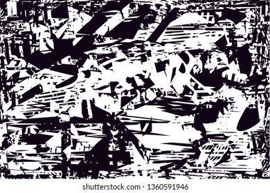 Distressed background in black and white texture with dots, spots, scratches and lines. Abstract vector illustration