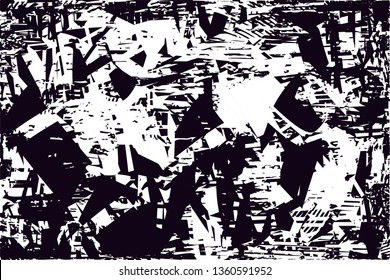 Distressed background in black and white texture with dots, spots, scratches and lines. Abstract vector illustration