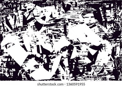 Distressed background in black and white texture with dots, spots, scratches and lines. Abstract vector illustration