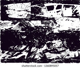 Distressed background in black and white texture with dots, spots, scratches and lines. Abstract vector illustration