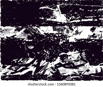 Distressed background in black and white texture with dots, spots, scratches and lines. Abstract vector illustration