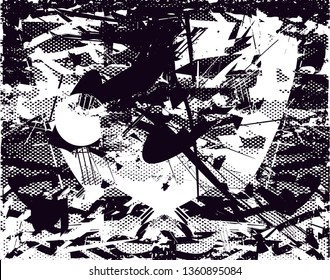 Distressed background in black and white texture with dots, spots, scratches and lines. Abstract vector illustration