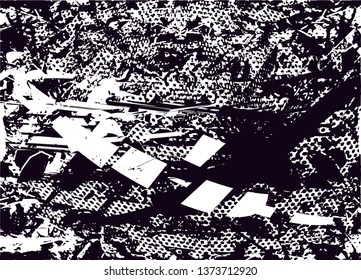 Distressed background in black and white texture with dots, spots, scratches and lines. Abstract vector illustration