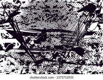Distressed background in black and white texture with dots, spots, scratches and lines. Abstract vector illustration