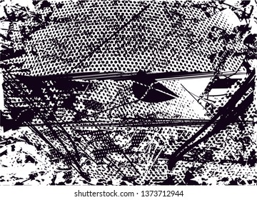 Distressed background in black and white texture with dots, spots, scratches and lines. Abstract vector illustration