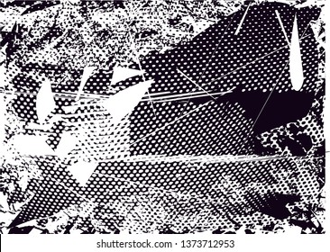 Distressed background in black and white texture with dots, spots, scratches and lines. Abstract vector illustration