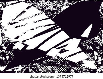 Distressed background in black and white texture with dots, spots, scratches and lines. Abstract vector illustration