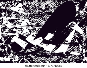 Distressed background in black and white texture with dots, spots, scratches and lines. Abstract vector illustration