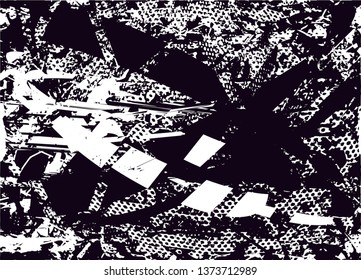 Distressed background in black and white texture with dots, spots, scratches and lines. Abstract vector illustration
