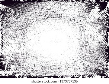 Distressed background in black and white texture with dots, spots, scratches and lines. Abstract vector illustration