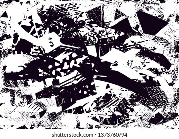 Distressed background in black and white texture with dots, spots, scratches and lines. Abstract vector illustration