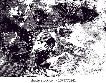 Distressed background in black and white texture with dots, spots, scratches and lines. Abstract vector illustration