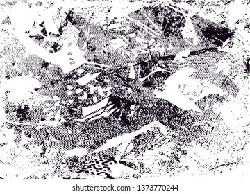 Distressed background in black and white texture with dots, spots, scratches and lines. Abstract vector illustration