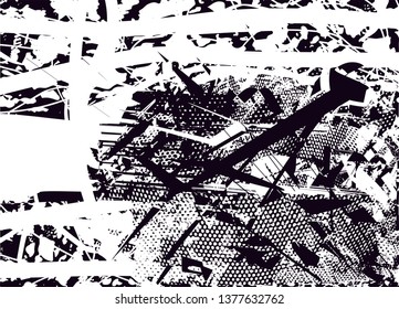 Distressed background in black and white texture with  dark spots, nets, scratches and lines. Abstract vector illustration
