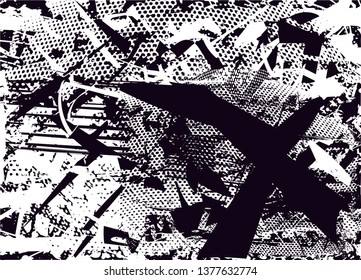 Distressed background in black and white texture with  dark spots, nets, scratches and lines. Abstract vector illustration