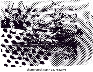Distressed background in black and white texture with  dark spots, nets, scratches and lines. Abstract vector illustration