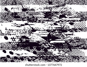 Distressed background in black and white texture with  dark spots, nets, scratches and lines. Abstract vector illustration
