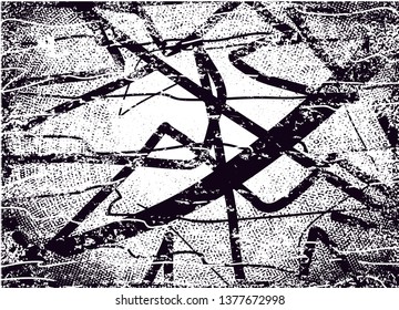 Distressed background in black and white texture with  dark spots, nets, scratches and lines. Abstract vector illustration