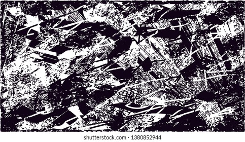 Distressed background in black and white texture with dots, spots, scratches and lines. Abstract vector illustration